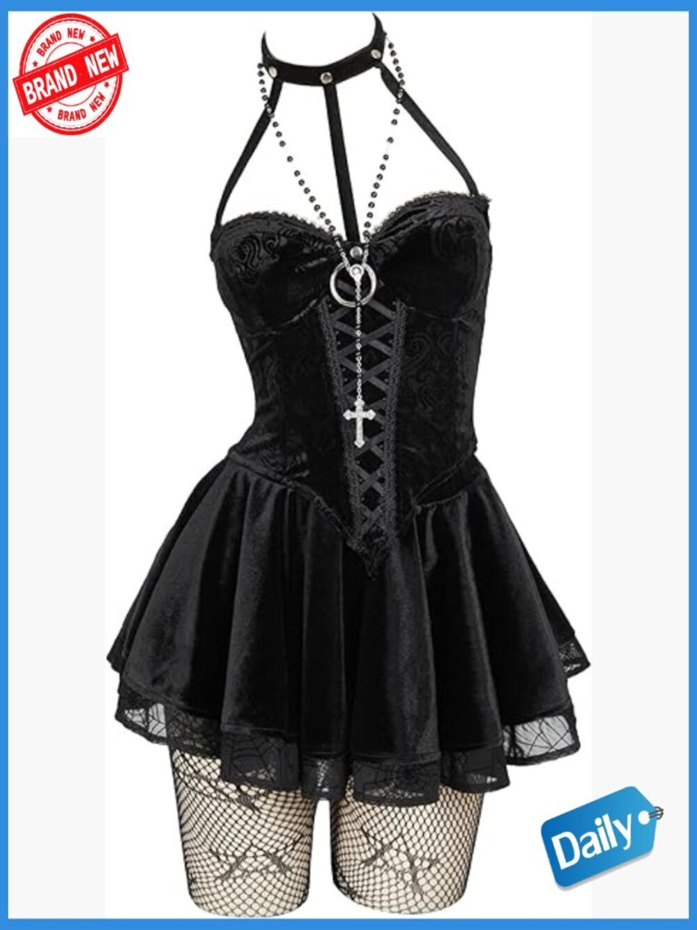 Gothic Corset Top Skirt Set with Net Stockings and Sleeves